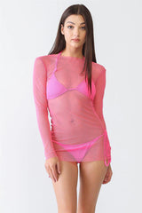 Neon Pink Triangle Top & Self-Tie Bottom Bikini & Long Sleeve Mesh Coverup Mini Dress 3 Piece Set Swimwear