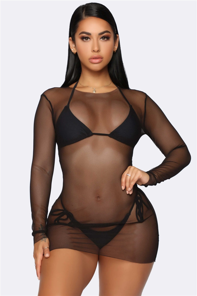 Black Triangle Top & Self-Tie Bottom Bikini & Long Sleeve Mesh Coverup Mini Dress 3 Piece Set Swimwear