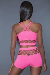 2 pc silk fishnet set that includes a tank crop top with criss-cross cami straps and a pair of high waisted booty shorts