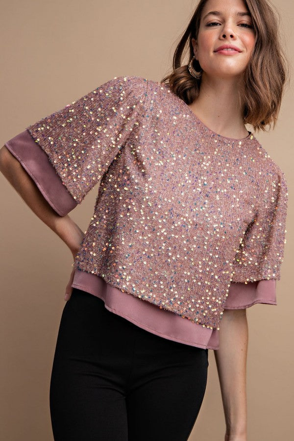 Sequined Short Sleeve Top With Back Zipper