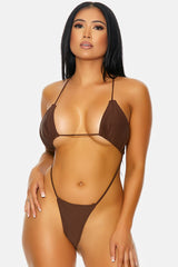 Chocolate Brown Anguilla Gathered Triangle Criss Cross T-string Sexy One Piece Swimsuit