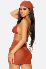 Rust Covered Up Ruched Mesh Pool Swimwear High Waist Skirt