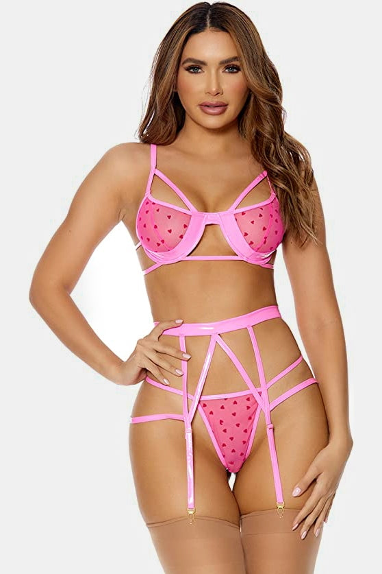 Pink Heart Mesh Vinyl Three Piece Set Lingerie