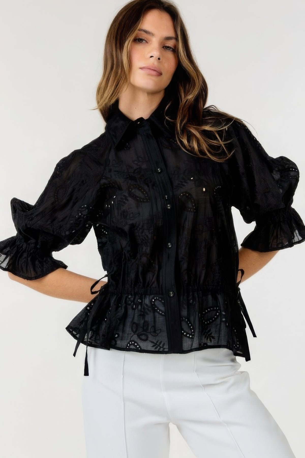 Button-down Collar Neck Embroidered Top