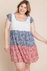 Plus Size Floral Color Block Contrast Tiered Babydoll Dress