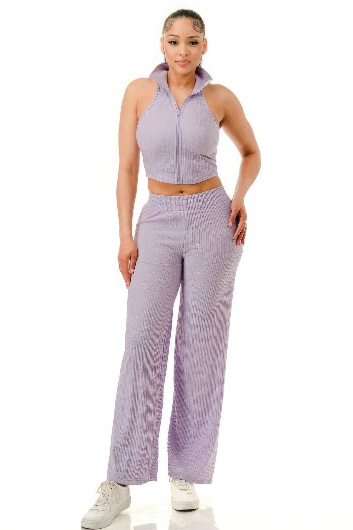 Crinkle Wide Pants Set Zipper