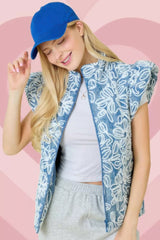 Floral Velvet Embroidered Denim Puffer Vest