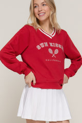 Long slv v-neck embroidered sweatshirt