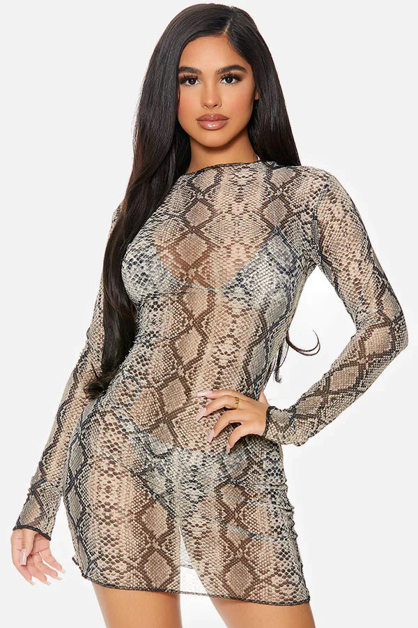 Reptile Snake Print Cover Me Long Sleeve Mesh Sheer Pool Swimwear Coverup Mini Dress