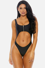 Black Mid-section Cut-Out Zip Up Chest One Piece Swimsuit