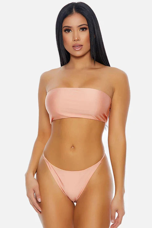 Coral Basic Tube Bandeau String Bottoms Bikini Swimwear 2 Piece Set