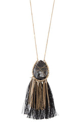 Elognated wrapped gem tassel pendant necklace