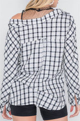 White Black Plaid Asymmetrical Front Button Down Top