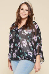 Plus Size Floral Chiffon Sheer Surplice Top