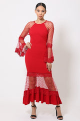 Bell Sleeve Mesh Combined Fashion Long Dress