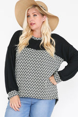 Jacquard Contrast With Drop Shoulder Long Sleeve Round Hem Top