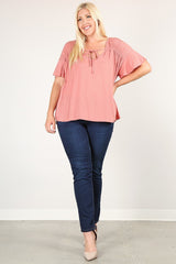 Plus Size Solid Top With A Necktie, Pleated Detail, And Flutter Sleeves