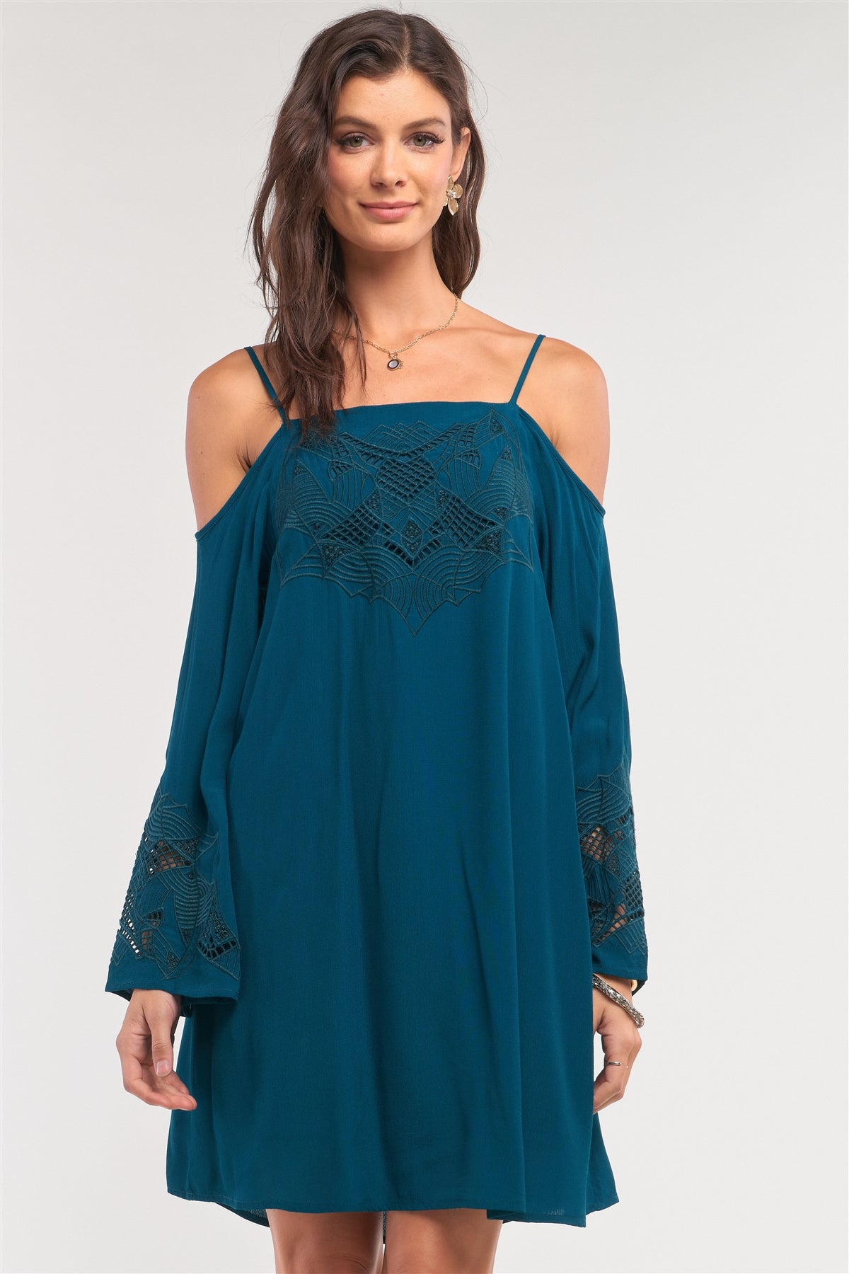 Teal Green Off-the-shoulder Flare Long Sleeve Square Neck Crochet Embroidery Mini Dress