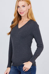 V-neck Sweater W/rivet Button