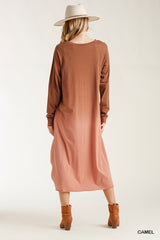 Ombre Front Knot Detail Long Sleeve Maxi Dress With Raw Hem