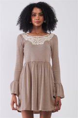 Taupe Horizontal Stripped Embroidery Detail Long Sleeve With Flare Hem Mini Dress