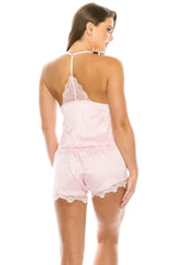 2 Piece Satin Lace Trimed Pj Short Set