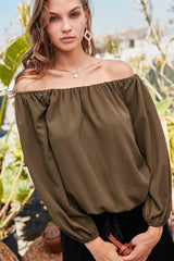 Off Shoulder Long Bubble Sleeve Solid Top