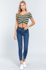 Off Shoulder Stripe Rib Sweater Top