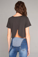 Short Sleeve Round Neck Petal Split Back Detail Crop Tee