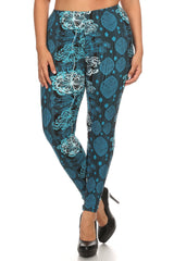 Plus Size Floral Print, Full Length Leggings In A Slim Fitting Style With A Banded High Waist