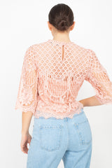 Mock 3/4 Sleeves Lace Designed Top