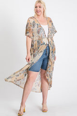 Short Sleeves Long-line Printed Mesh Open Cardigan