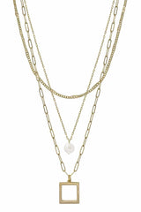 3 Layered Metal Chain Square & Pearl Pendant Necklace