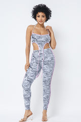 Mesh Print Crop Top With Plastic Chain Halter Neck With Matching Leggings