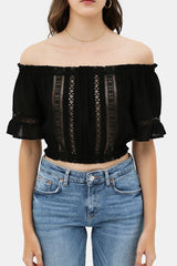 Lace Trim On The Front And Sleeves, Waist Band Cropped Top