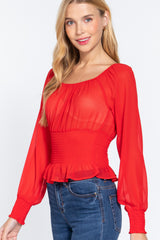 Long Slv Smocked Chiffon Top