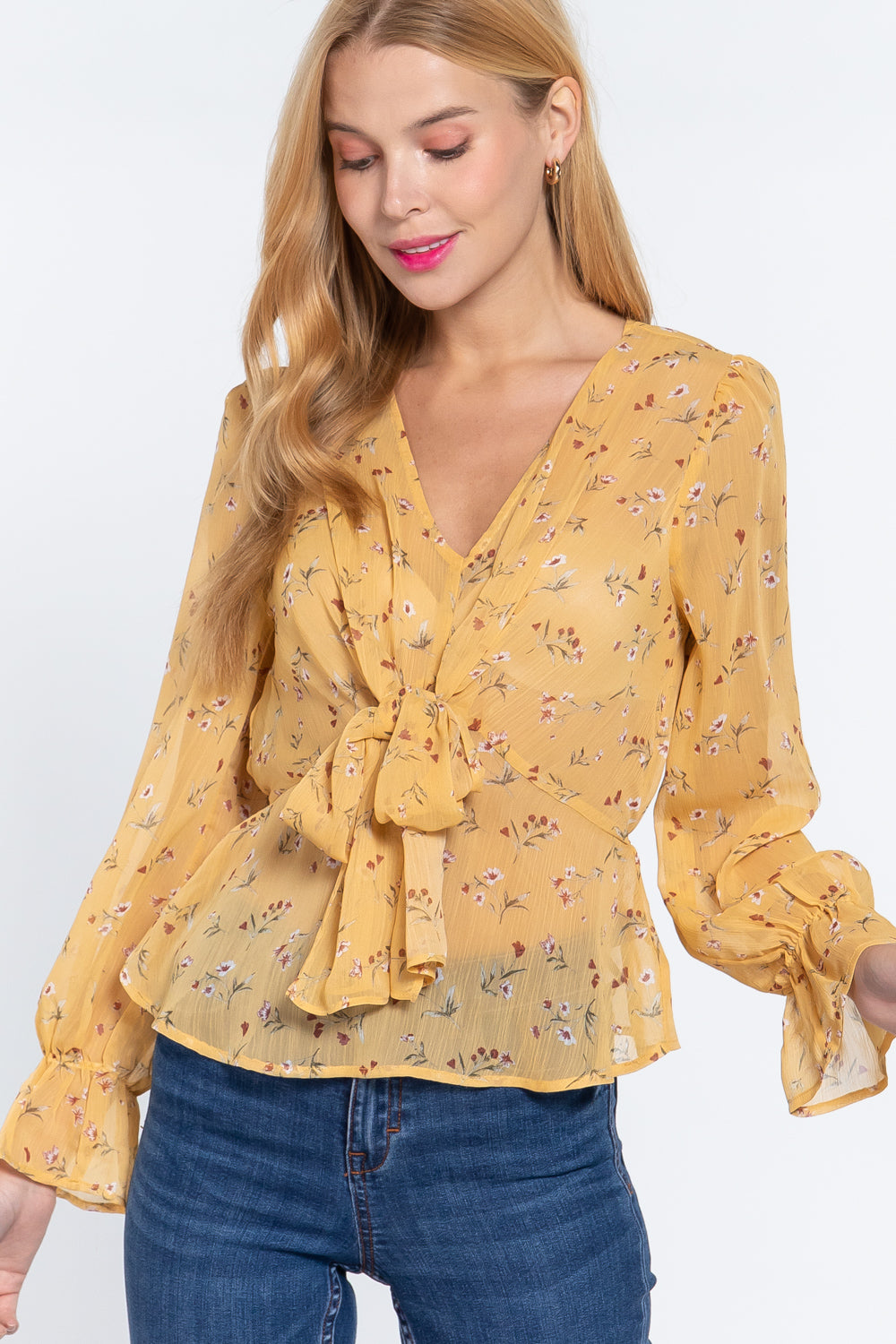 Ruffle Slv Peplum Print Woven Top