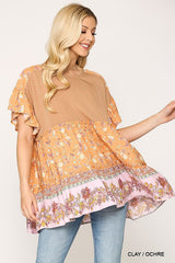 Dot And Floral Print Mixed Ruffle Top With Back Keyhole