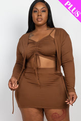 Plus Size Ruched Drawstring Cami Top & Skirt Set With Cardigan