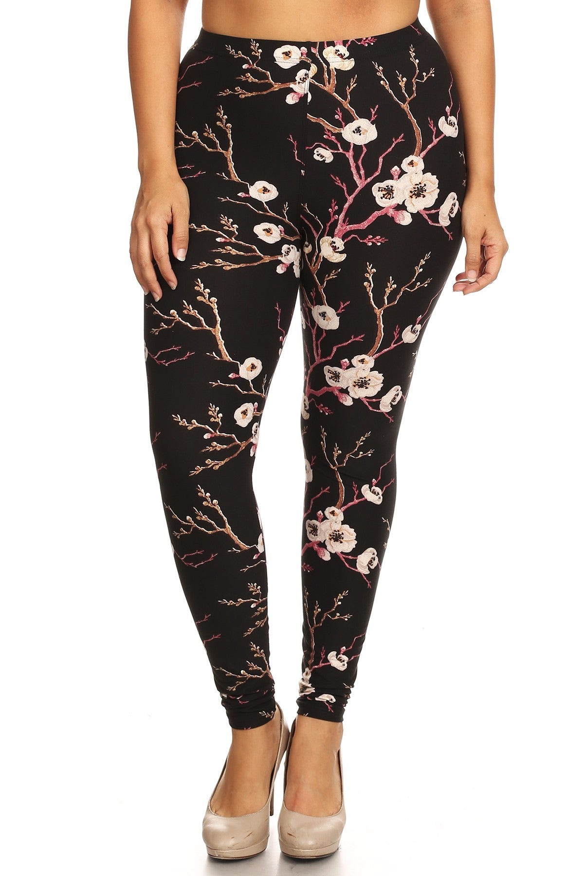 Plus Size Floral Print, Full Length Leggings In A Slim Fitting Style With A Banded High Waist