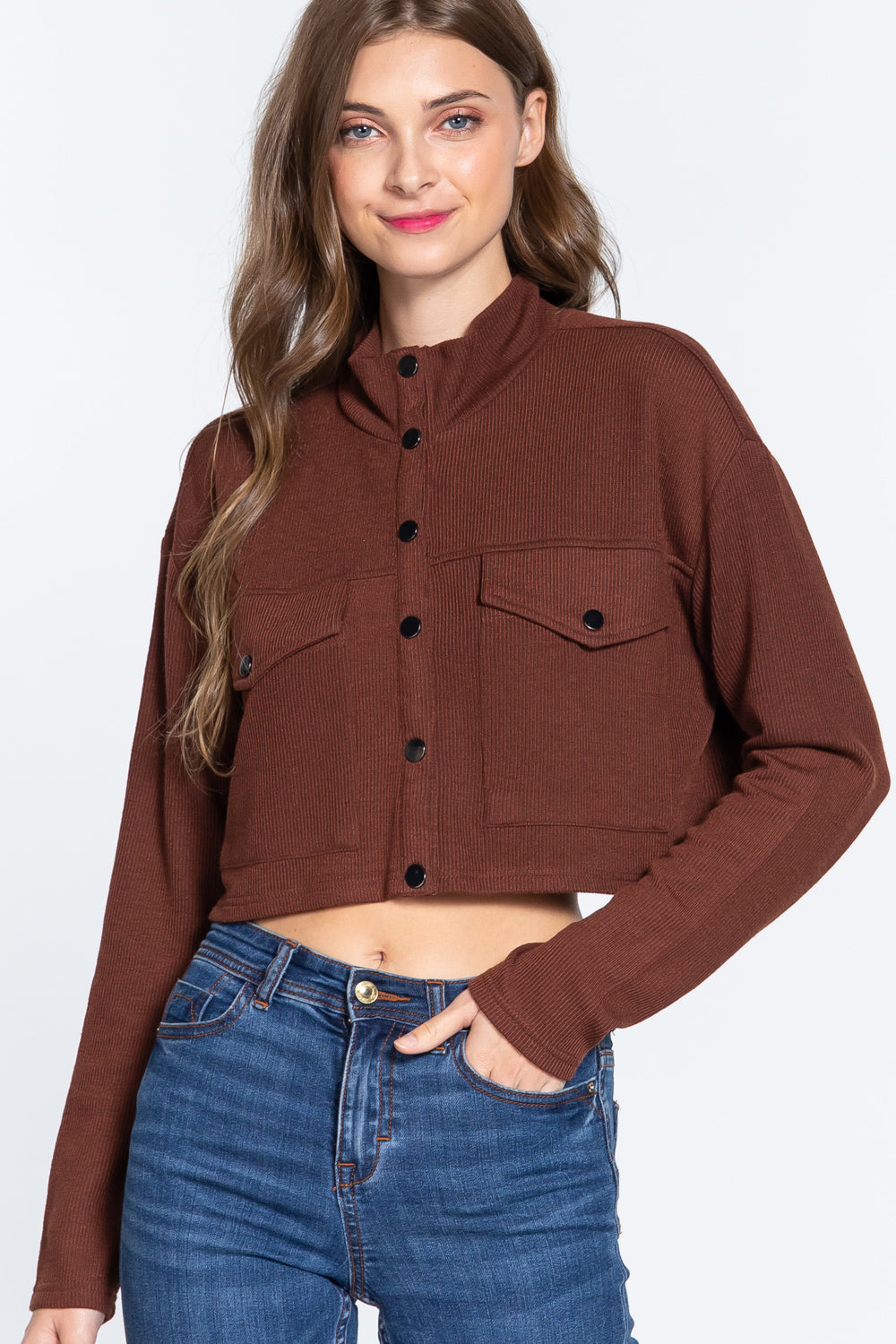 Long Slv Snap Button Crop Jacket