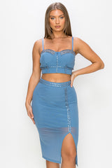 Studded Stone Cami Top & Slit Mini Skirts Set