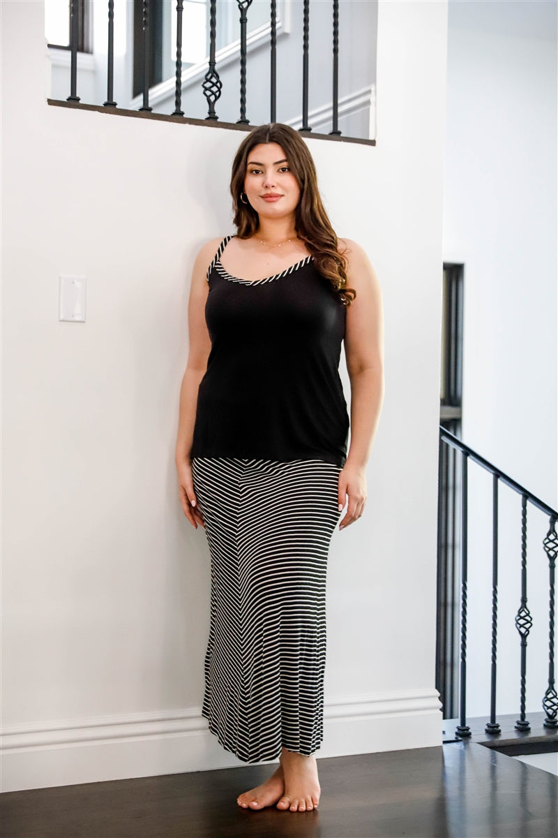 Plus Black Striped V-neck Top & Maxi Skirt Set