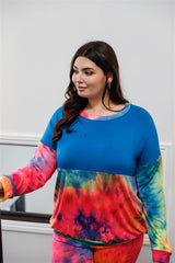 Plus Blue Neon Rainbow Tie-dye Colorblock Long Sleeve Top & Biker Shorts Set