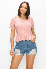 Peplum Eyelet Puff Sleeve Top