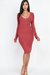 Hacci Brushed Knit V Neck Bodycon Dress