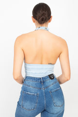 Denim Halter Neck Seamed Crop Top