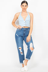 Denim Halter Neck Seamed Crop Top