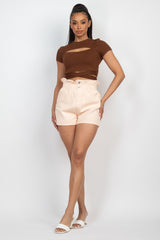 Self-tie Ribbon Front Cutout Crop Top