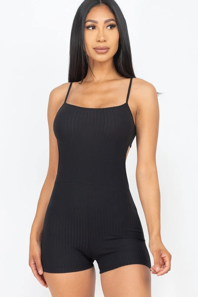 Ribbed Sleeveless Back Cutout Bodycon Active Romper